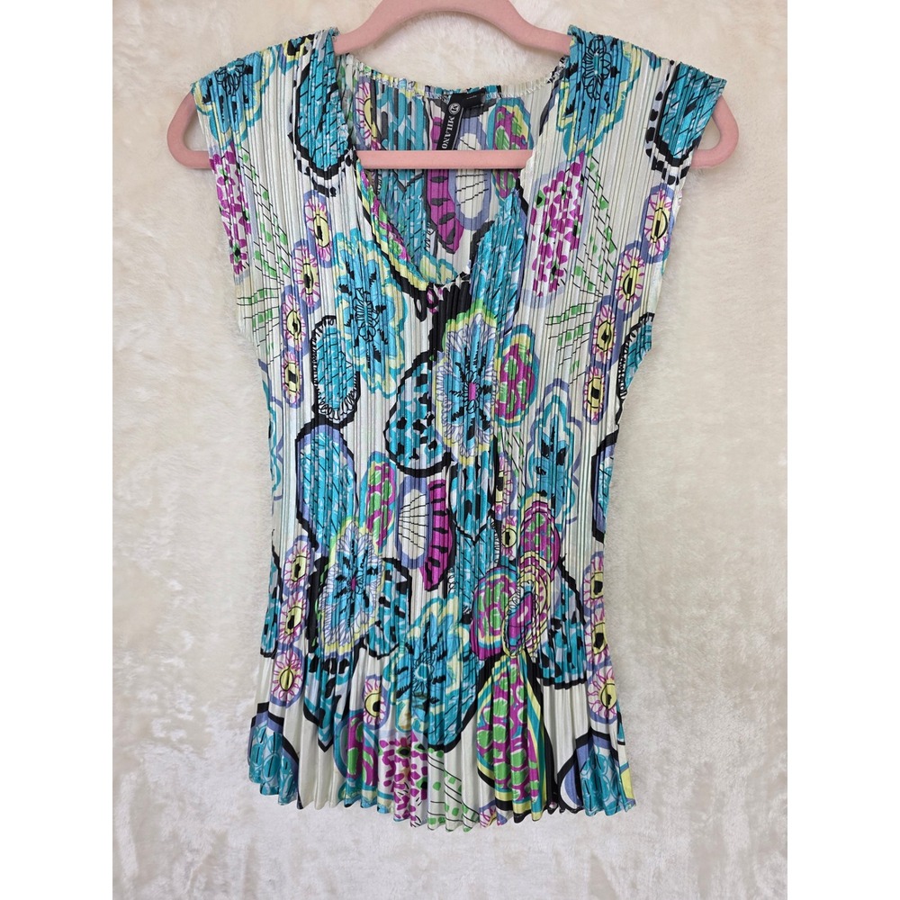 Milano Women Plissé‎ Pleated V-Neck Top Sleeveless Abstract Floral Print Blue M